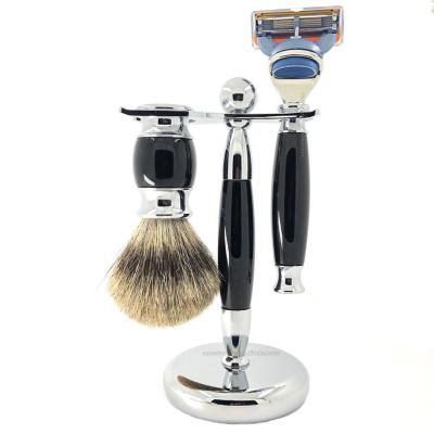 China China Factory Manufacturer Pure Badger Hair Knot Shaving Face Brush Set 5 Blade Shaving Razor Classic Black Color Handle Metal Holder for sale