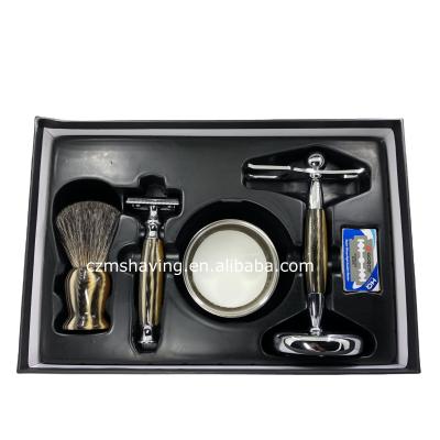 China Popular Shaving Brush Badger Hair Knot Shaving Brush Brush Resin Safety Razor Resin Chrome Metal Handle Shaving Soap Stainless Steel Double Bowl for sale