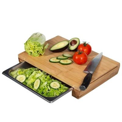 China Large Sustainable Bamboo Cutting Board With Sliding Stainless Steel Tray Drawer for sale