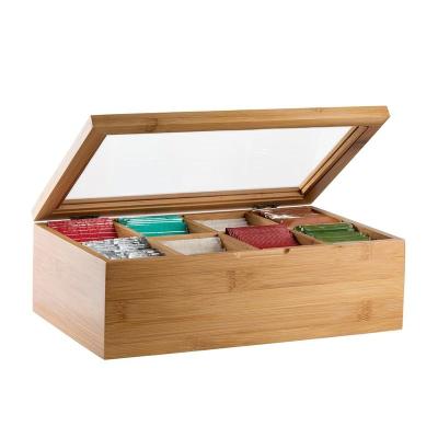 China Handmade Solid Bamboo Tea Bag Holder Organizer 8 Compartment Tea Box With Clear Lid for sale