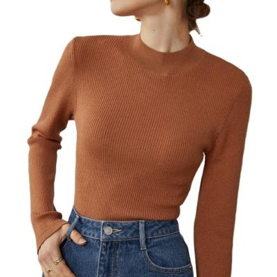 China Anti-wrinkle Autumn Women's Plain Pullover Knitwear Crew Neck Roll Collar Thin Solid Color Long Sleeve Casual Basic Sweater for sale