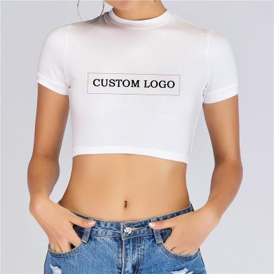 China Anti-pilling Wholesale Women Fashion Custom Logo Print Shirt Sexy Ladies Summer Plain Tight Crop Tops for sale