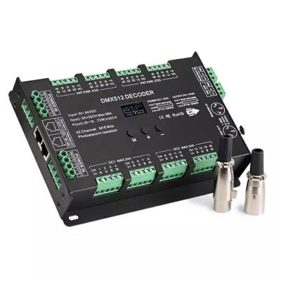 China Iron shell LED dmx512 controller 32 channel RGBW 5V 12V 24V 96A DMX to PWM Decoder OLED Display RDM Support 8 Bit 16bit DMX512 Decoder for sale