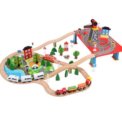 China Colorful/Safety/Environmental/Healthy DIY 88 PCS Train Track With Wooden Cars Wooden Railway Train Set Toy For Children for sale