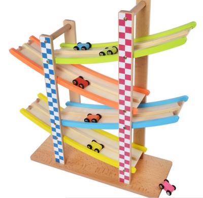 China Double Wooden Swithback Ramp Race Track YZ117 Wooden Racetrack With 6 Small Cars Toys For Children for sale