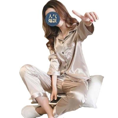 China 2022 New Design Custom Ladies Pajamas Breathable Silk Luxury Women Long Sleeves Solid Silk Satin Pajamas Set for sale