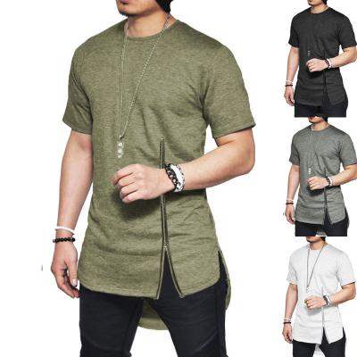 China 2021 Spring Men's Clothing Front Zipper Hip Hop Side Slit Anti-Wrinkle Rounded Bottom Plus Size T-Shirts For Men Casual Solid Color Tops for sale