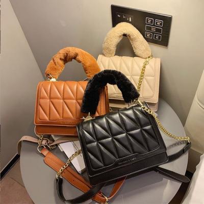 China Fashion Winter Cross - Body Bag Designer Square Fur Handle Handbags Madame Pu Leather Shoulder Chain Bag For Women for sale