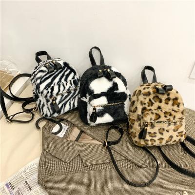 China 2021 winter furry mini backpack zebra cow leopard print teenage girl schoolbag plush casual furry women furry women for sale