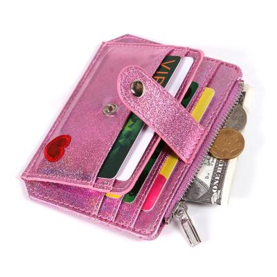 China PU Leather Waterproof Sequin Rose Heart Embroidery Coin Purse Zipper Holographic Laser Credit Card Holder Wallet for sale