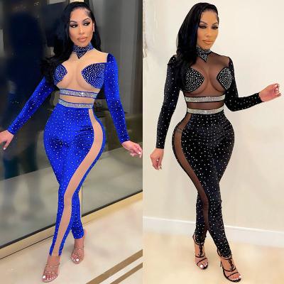 China Sexy Bodycon Women Rompers Fashion Rhinestone Breathable Sequined Velvet Long Sleeve Rompers for sale