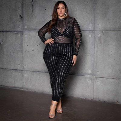 China Breathable lady long sleeve plus size fashion elastic transparent crystal embellished jumpsuit sexy club plus size jumpsuit for sale