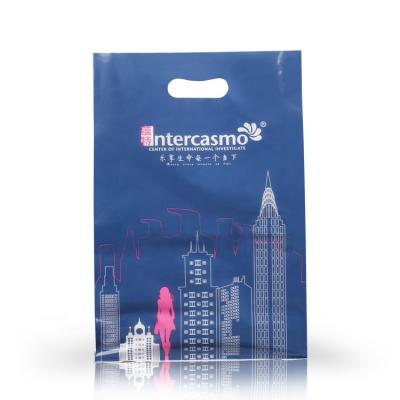 China Disposable high quality PE handle plastic die cut shopping bag with own custom logo for sale