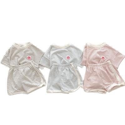 China Hot Selling Anti-wrinkle Summer Smile Baby Newborn Short Sleeve Cute T-shirts Striped Summer Shorts Infant Baby Clothes 2 Pieces Sets for sale