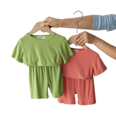 China RTS Breathable Kids Sleepwear Summer Solid Color Cotton Boys Girls Cute Sleepwear Sets Kids Pajamas Sets Baby Two-Piece Pajamas for sale