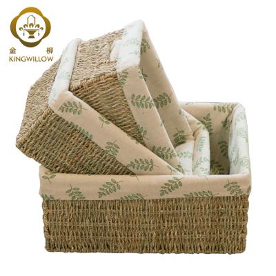 China Sustainable KINGWILLOW, Vegetable Plankton Material Straw Woven Storage Basket With Sundries Fabric Lining for sale