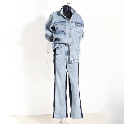 China New ladies QUICK DRY spring jacket and pants set Y2K street contrast denim jacket high waist wide leg washed jeans set for sale