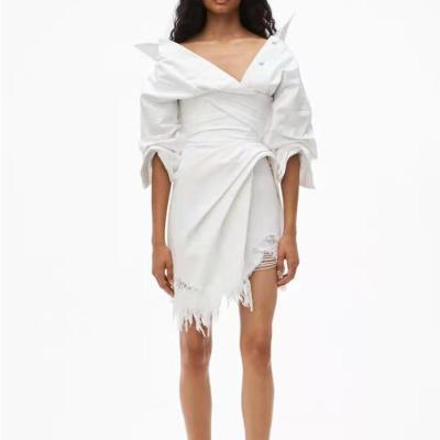 China Anti-Static White Denim Tied Dress Ripped Waist Shirt Dress For Women for sale