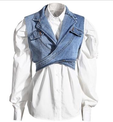 China Customized Breathable Fiber Women's 90% Cotton 10% Polyester White Shirt And Blue Denim Vest Suitable For Young Girls And Young Women for sale