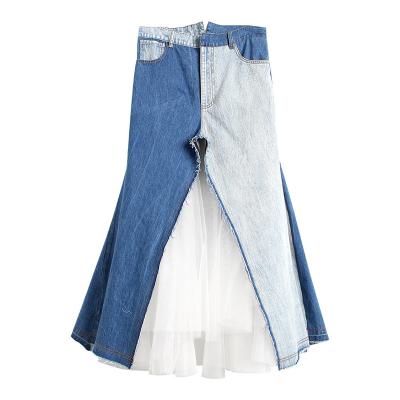 China Plus size white mesh fabric with blue color women's cotton denim skirt women's denim contrast skirt street casual women's 100% skirt for sale