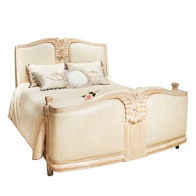 China French Provincial Designed Cream King Size Wing Back Upholstered Shelter Bed Colored Retro Vintage Tufted for sale