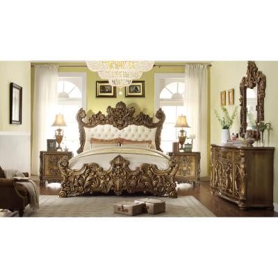 China Full Fancy Gold Leaf Villa Solid Wood Bedroom Furniture With Headboard Palace Style Leather Upholstered Bedroom Furniture for sale