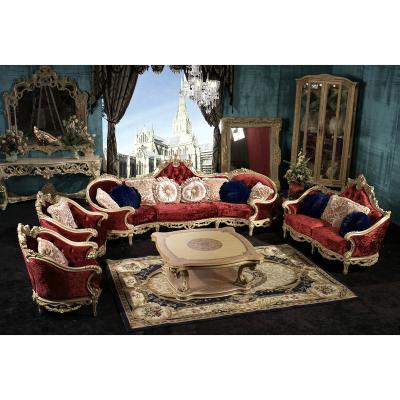 China Solid Wood French Red Fabric Living Room Sofa Set Royal Hand Carved Living Room Furniture For Villa for sale