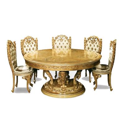 China Handcarving European Luxury Elegant Royal French Imperial Designed Gold Floral And Ornate Round Vine Dining Table Set for sale