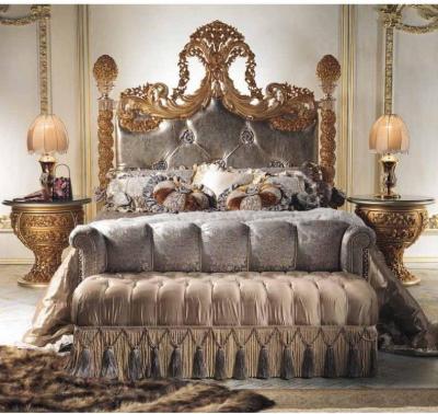 China 19th Century Gold Leaf Headboard Poster King Queen Size Bed Palace Bedroom Solid Wood Solid Wood Leather Furniture for sale