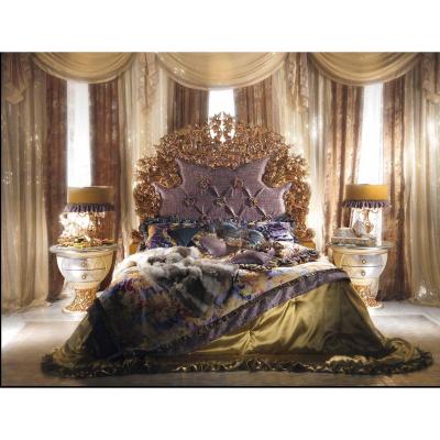 China Luxury European French villa double bed hand carved palace fabric solid wood solid wood wedding bed for sale