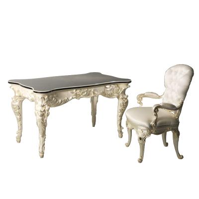 China Hand - Carved Luxury European Designed Neoclassical Ornate Champagne Silver Leafing Floral Acanthus Inscription Table Desk With Armchair for sale