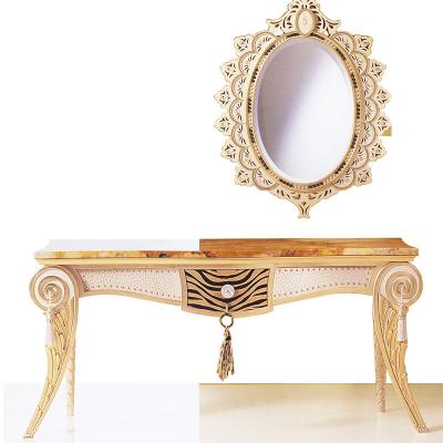 China Handmade exclusive italian neoclassical dressing table in Giltwood cream color leather with beautiful silver sunflower mirror for sale