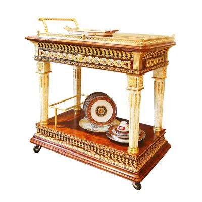 China European Classical Revival French Louis Reproduction Gold Plated Brass and Burl Wood Finished Serving Tea Trolley Trolley for sale