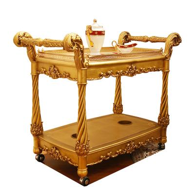 China European Retro Vintage Designed Baroque Style Gold Plated Wooden Serving Tea Cart For Home Bar Counter for sale