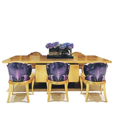 China Elegant Royal European Style Neoclassical Imperial Golden Long Dining Table With Lilac Purple Chairs for sale