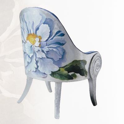 China Luxury Exclusive Extended Unique Designed Neoclassical Chinoiserie Inspired White And Blue Peony Floral Handpainting Armchair for sale