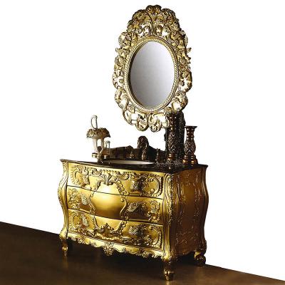 China Neo Luxury Gold Handcarve Classic Royal Imperial Baroque Designed Single Sink Wooden Bathroom Vanity With Oval Mirror for sale