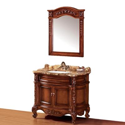 China Neo Classic 37 Inch Classic American Style Antique Brown Single Hand Sink - Carved Wood Bathroom Vanity With Marble Countertop for sale