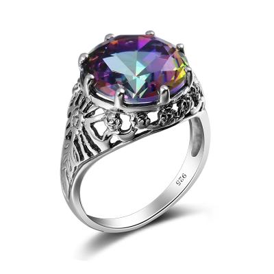 China Wholesale Jewelry 925 Sterling Silver Carved Women Rings Rainbow Fire Mysterious Topaz Crystal Rings for sale