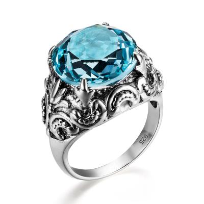 China SZJINAO Oval Blue Aquamarine Skull Ring 925 Silver Decoration Personal Vintage Brand Goth Jewelry Women Antique Rings for sale