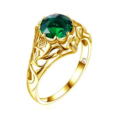 China Women Vintage Filigree Jewelry Round Green Gemstone Dainty Real 925 Sterling Silver Rings Gold Plated ,Emerald Ring for sale