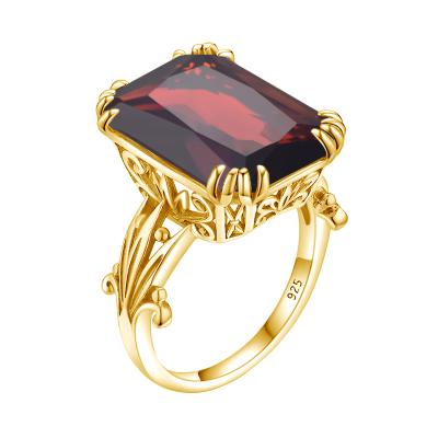 China Trendy 18k Gold Plated Garnet Rings Wedding Party Red Rectangle Gemstone Sterling Silver Ring Femme Dropshipping Jewelry for sale