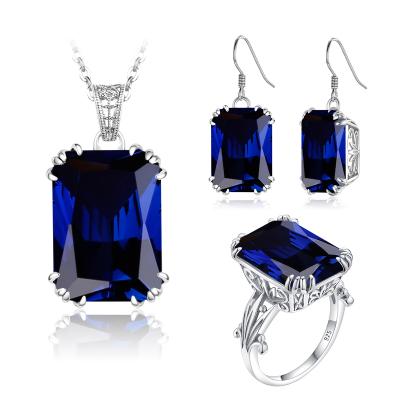 China Sapphire Blue Stone Crystal Engagement Wedding Women Retro Crown Ring Pendant Earring Sterling Silver Jewelry Sets for sale