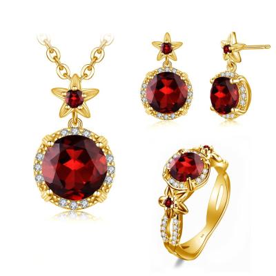 China Szjinao Boho Flower Engrave Ring Earrings Pendant Garnet Diamond Silver 925 Gold Plated Dubai Jewelry Sets Jewellery for sale