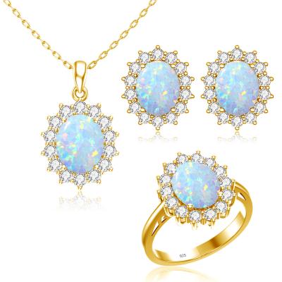 China 24K Gold Plated Opal Jewelry Sets Classic Princess Diana Style Ring Stud Necklace Wedding Silver Dropshipping Jewelry Set for sale