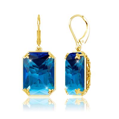 China Vintage Filigree Long Earrings 18K Gold Plated Blue Topaz Big Stone Party Cocktail Earring 925 Silver Dropshipping Jewelry for sale