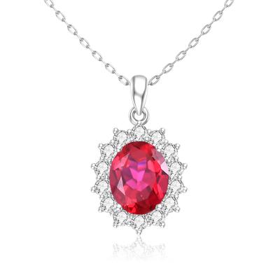 China Bride Wedding Red Gemstone Crystal Pendant Silver Jewelry Halo Princess Diana Ruby 925 Silver Women's Pendant Necklace for sale