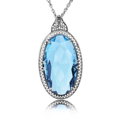 China Blue Topaz Big Gemstone Pendants Women Sterling Silver Vintage Pendants Necklace for sale