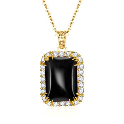 China Custom 18K Gold Plated Pendant Necklace Ladies Square Black Agate Gemstone 925 Silver Pendant Wedding Jewelry Wholesale for sale