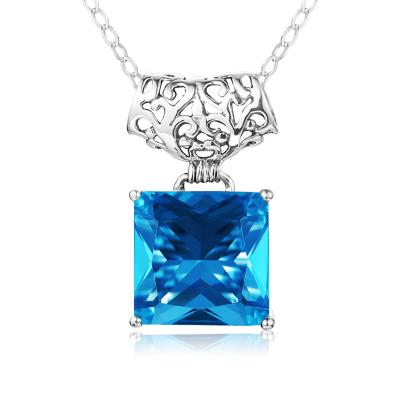 China Women Square Large Square Crystal Gemstone Pendant 925 Silver chain pendant Blue Topaz Stone Necklace Pendant for sale